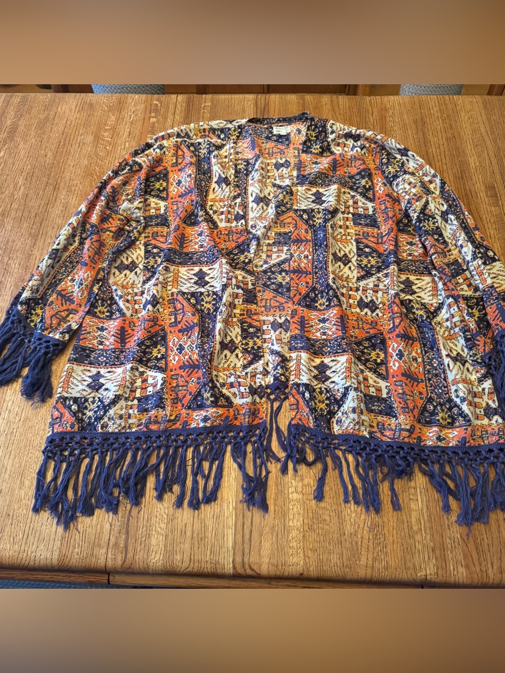 RVCA Geometric Boho Fringe Kimono Cardigan Open Front Top M/L